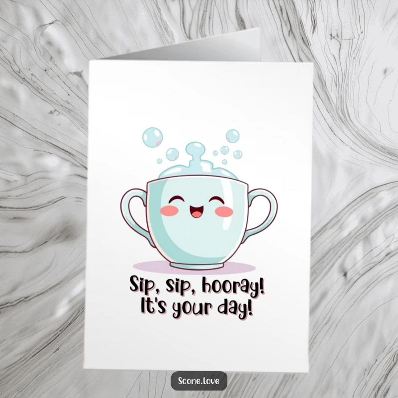 Funny Free Printable Birthday Card: A smiling teacup joyfully pours out a cascade of shimmering bubbles, celebrating a special day.