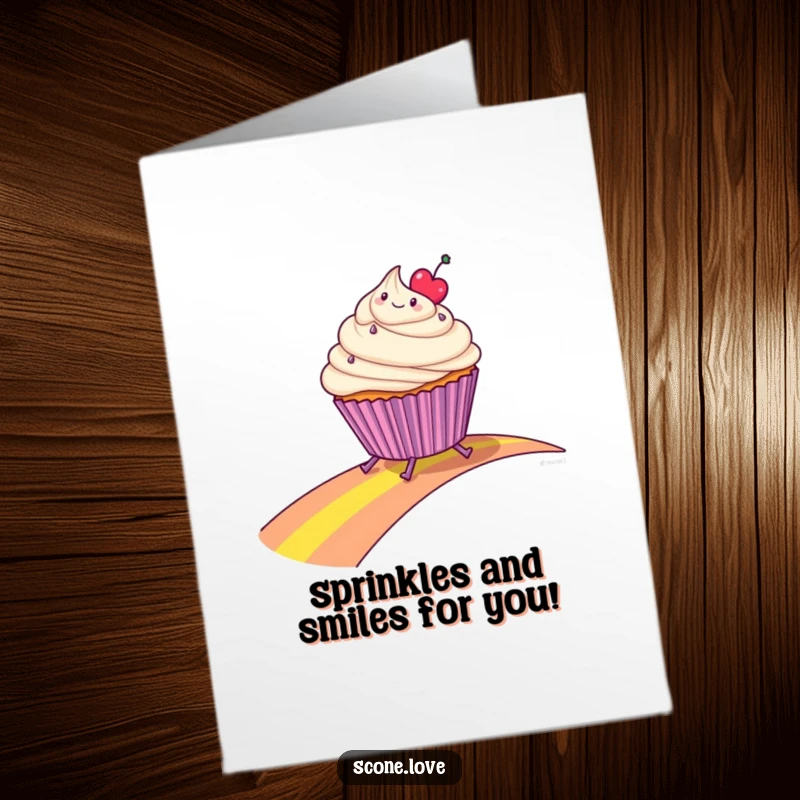Funny Free Printable Birthday Card: A cheerful cupcake with legs slides down a vibrant rainbow, spreading joy.