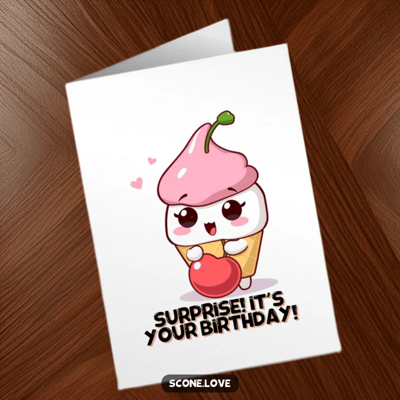 Funny Free Printable Surprised Scone Birthday Card: A scone looks shocked as a cherry playfully pops near its face, a sweet surprise.