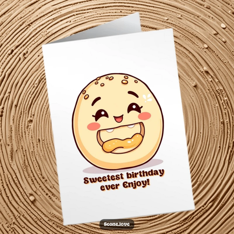 Funny Free Printable Birthday Card: A round baked good with smiling eyes triumphantly biting into another baked good.