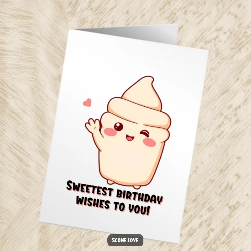 Funny Free Printable Shy Scone birthday card, a blushing scone waving sweetly, gentle birthday wishes.