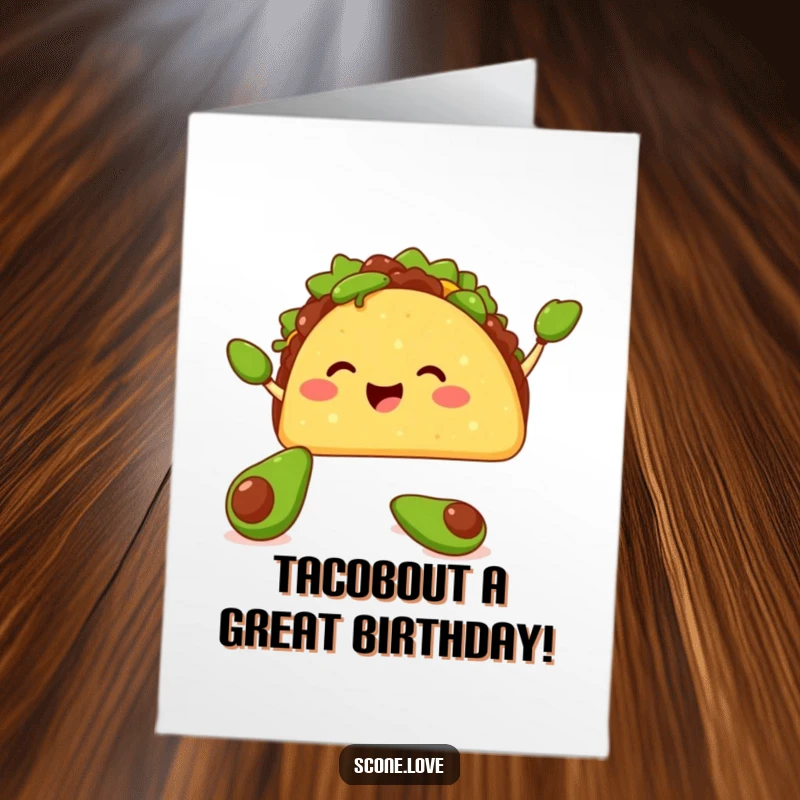 Funny Free Printable Birthday Card: A happy taco juggles three tiny avocados with its shell.