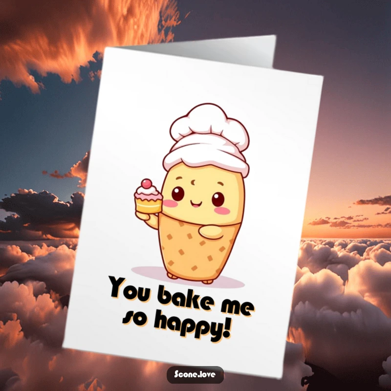 Funny free printable birthday card featuring a kawaii scone in a chef hat, proudly presenting a miniature cake. A delightful, downloadable greeting.