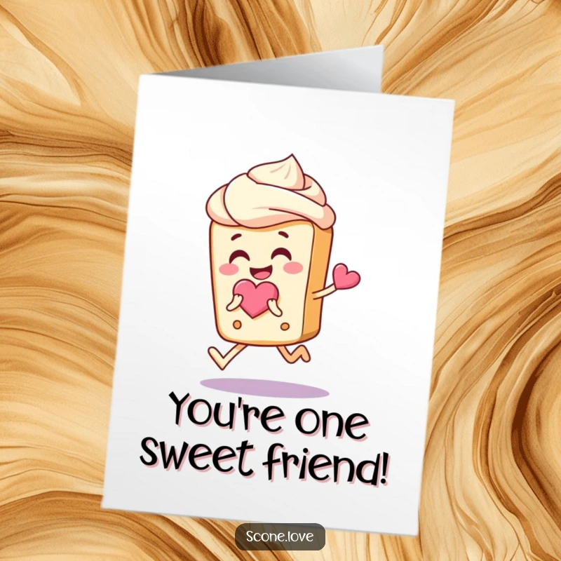 Funny free printable birthday card: a smiling scone with frosting hair joyfully skips while holding a heart.