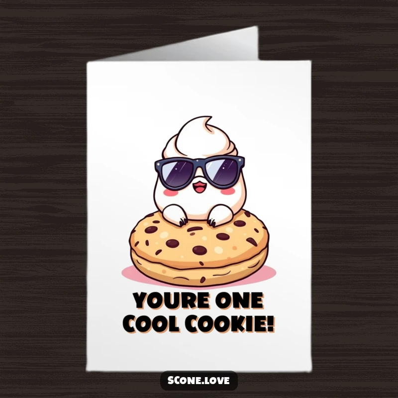 Funny Free Printable Congrats Card: Kawaii scone with sunglasses, chilling on a cookie, celebrating a cool win.