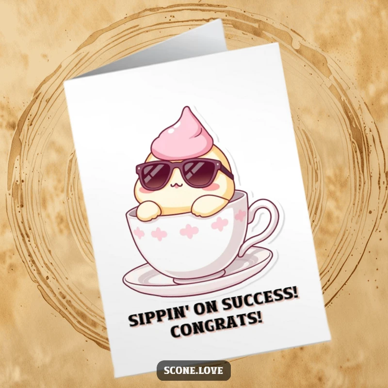 Funny Free Printable Congrats Card: Scone wearing sunglasses, lounging in a teacup, exuding cool confidence after a great achievement, ready to print.
