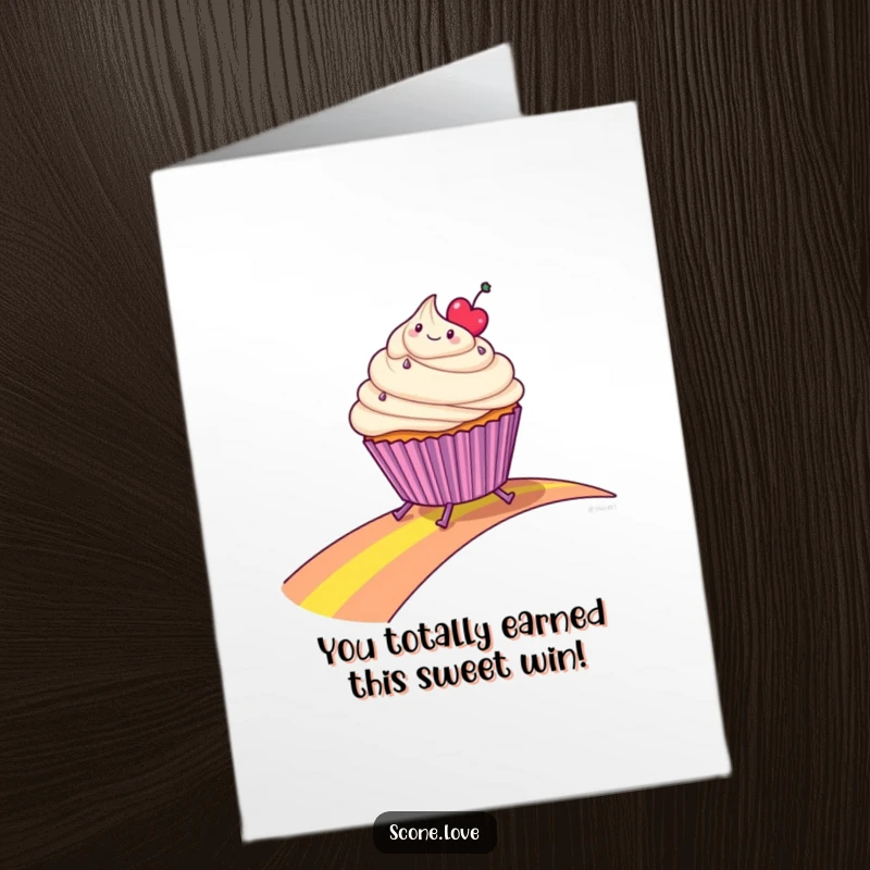 Funny Free Printable Congratulations Card: A happy cupcake with legs gleefully slides down a rainbow path.