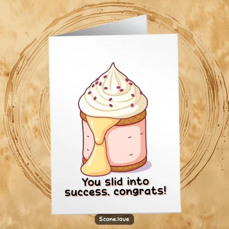 Funny Free Printable Congrats Card: Scone dramatically sliding down a butter pat, celebrating a slippery win, easy to print.