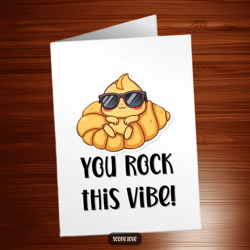 Funny Free Printable Cool Scone Congratulations Card: A scone wearing sunglasses relaxes on a croissant, celebrating your awesome success.