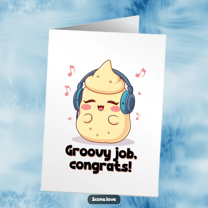 Funny Free Printable Music Scone congratulations card, a scone with headphones, eyes closed, celebrating.
