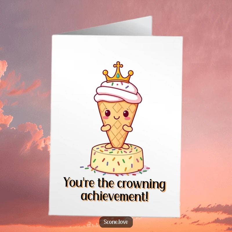 Funny Free Printable Royal Scone Congratulations Card: A scone wearing a crown is presented on a sprinkle pedestal.