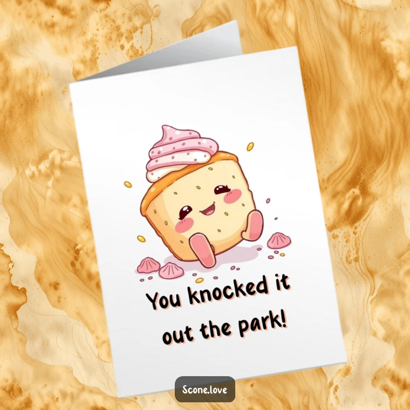 Funny Free Printable Congratulations Card featuring a scone comically falling, scattering icing, with a silly expression.