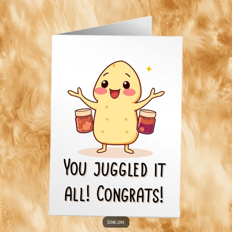 Funny Free Printable Congrats Card: Scone juggling three tiny jam jars with impressive skill, celebrating a well-managed success, ready to print.