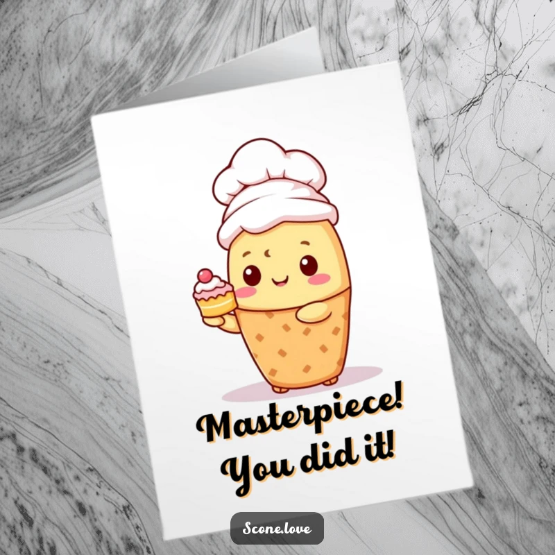 Free printable congratulations card showcasing a kawaii scone chef proudly presenting a tiny cake. A humorous and downloadable celebratory message.