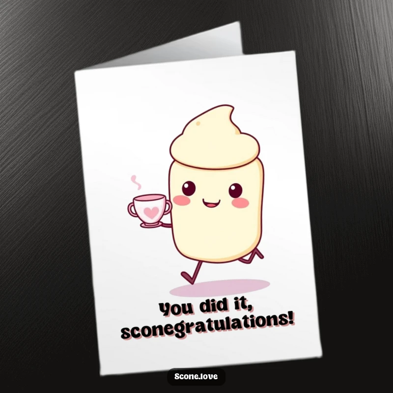 Funny Free Printable Congratulations Card: A kawaii scone character joyfully skipping with a teacup, celebrating success, perfect downloadable gift.