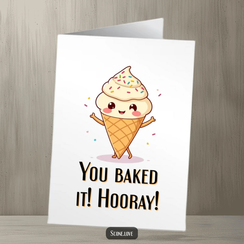 Free printable congratulations card with a cute kawaii scone doing a happy dance with tiny legs and sprinkles. Ideal for joyous DIY gifting.