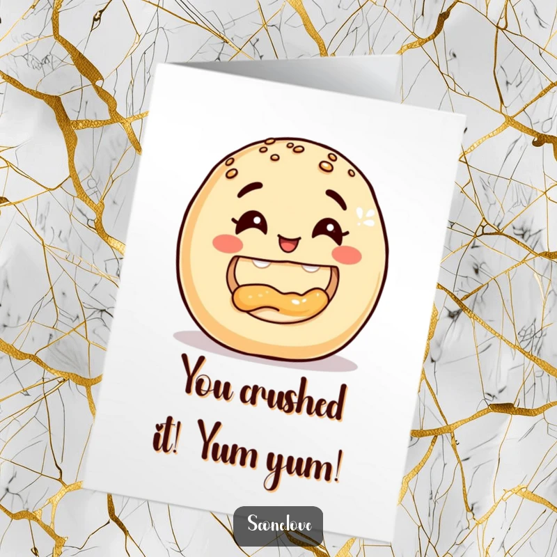 Funny Free Printable Congratulations Card: A smiling baked good devouring another, celebrating a sweet victory.