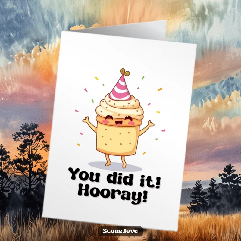 Funny Free Printable Congrats Card: A scone in a party hat dances with confetti, cheering on success with downloadable flair.
