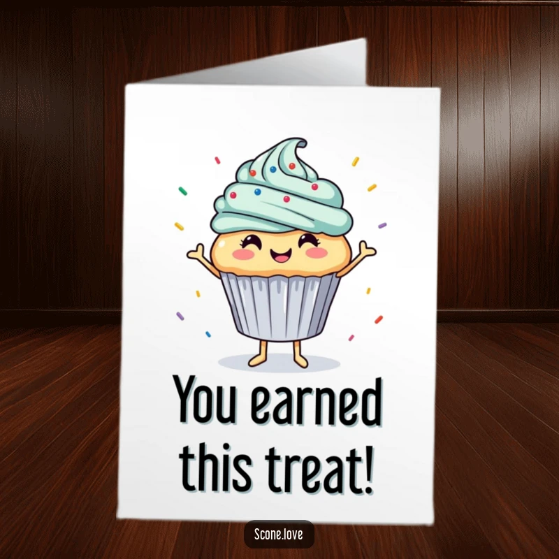Funny Free Printable Congrats Card: A happy cupcake dances enthusiastically as sprinkles rain down, celebrating a win. Fun downloadable card.