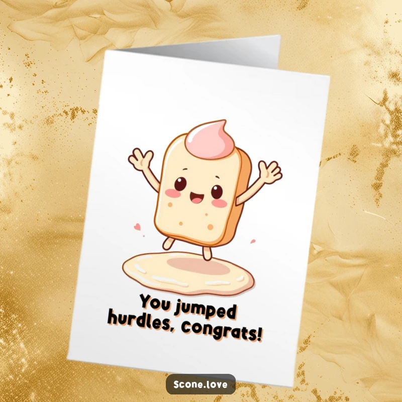 Funny Free Printable Congratulations Card: Kawaii scone waving, leaping over a frosting puddle, celebrating a sweet victory, perfect downloadable gift.