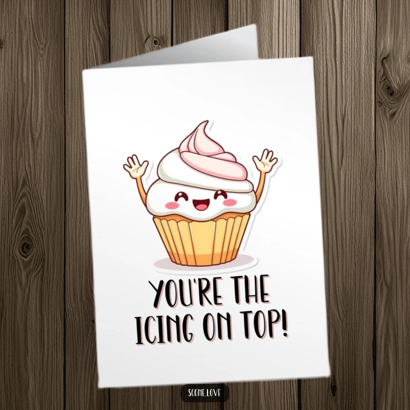 Funny free printable congratulations card with a beaming cupcake character enthusiastically waving its arms in celebration.
