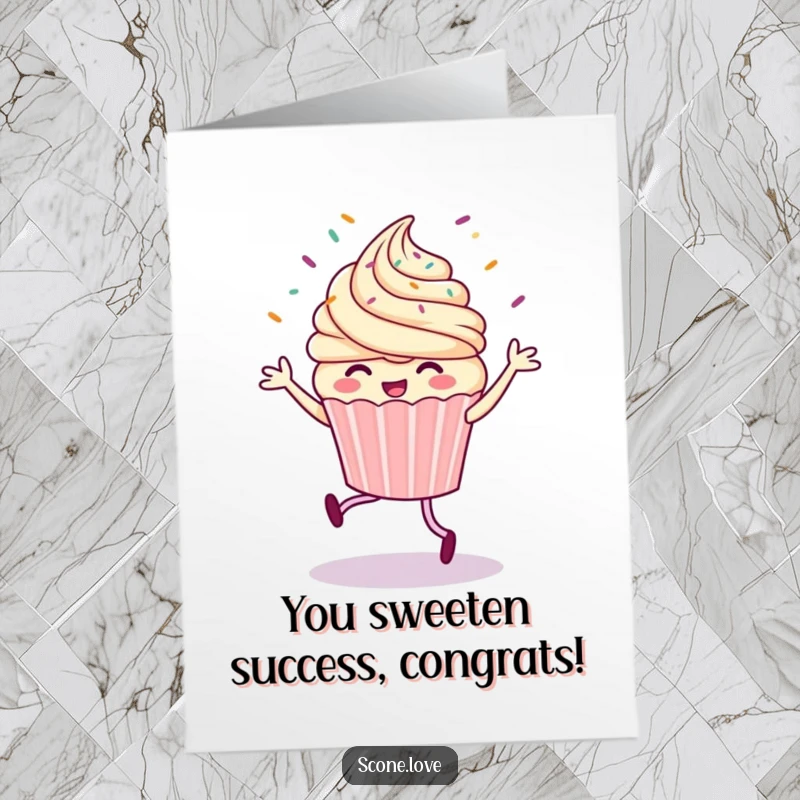 Funny Free Printable Congratulations Card: A jubilant cupcake mid-jig, sprinkles erupting, celebrating big news. Hilarious downloadable.