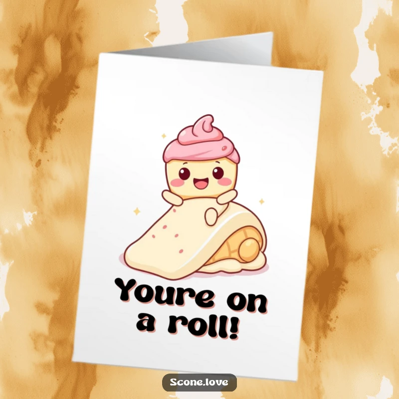 Funny Free Printable Congrats Card: Smiling kawaii scone sliding down a frosting slide, celebrating a sweet success.
