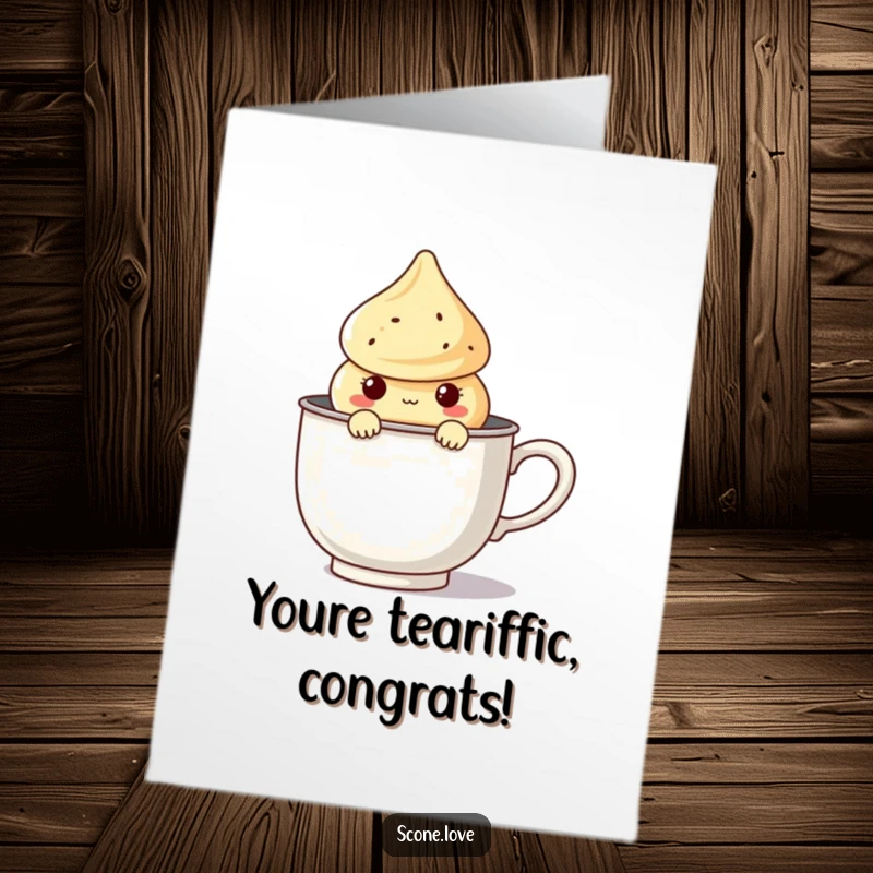 Funny free printable congrats card: A cute kawaii scone peeks out from a comically large tea infuser.
