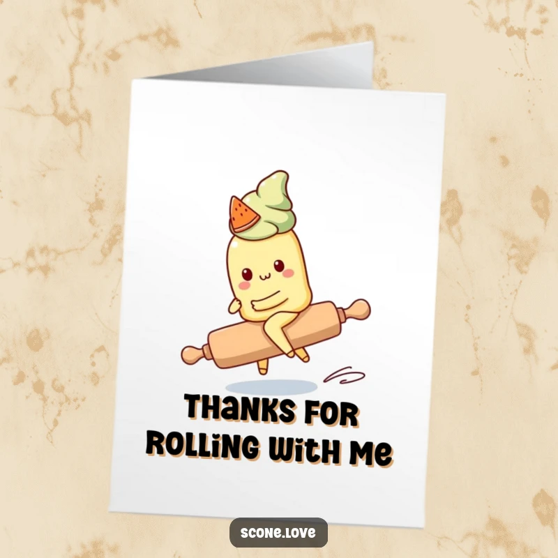 Funny Free Printable Kawaii Scone Thank You Card: A cute scone struggles to ride a runaway rolling pin, a thank you with a twist.