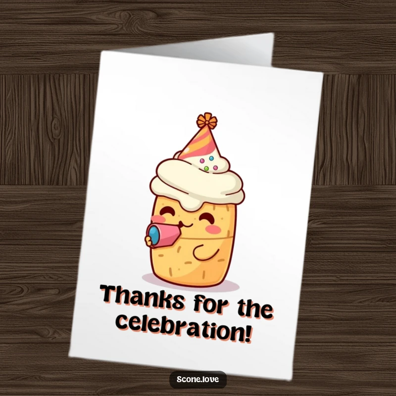 Funny Free Printable Thank You Card: Scone in a party hat blowing a vibrant noisemaker to express thanks.