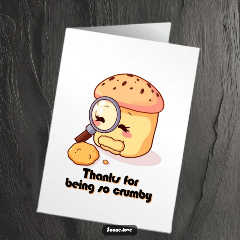 Funny Free Printable Thank You Card with a scone acting as a detective, examining a crumb with a magnifying glass.
