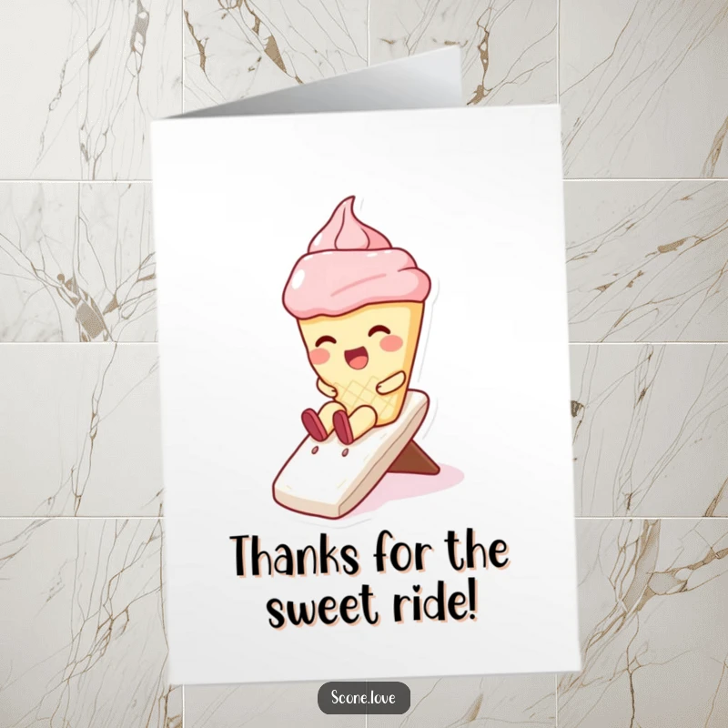 Funny Free Printable Thank You Card: Giggling kawaii scone enjoying a slippery ride down a generous whipped cream slide.