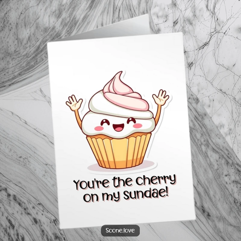 Funny free printable thank you card depicting a happy cupcake character waving its arms in a gesture of sweet gratitude.