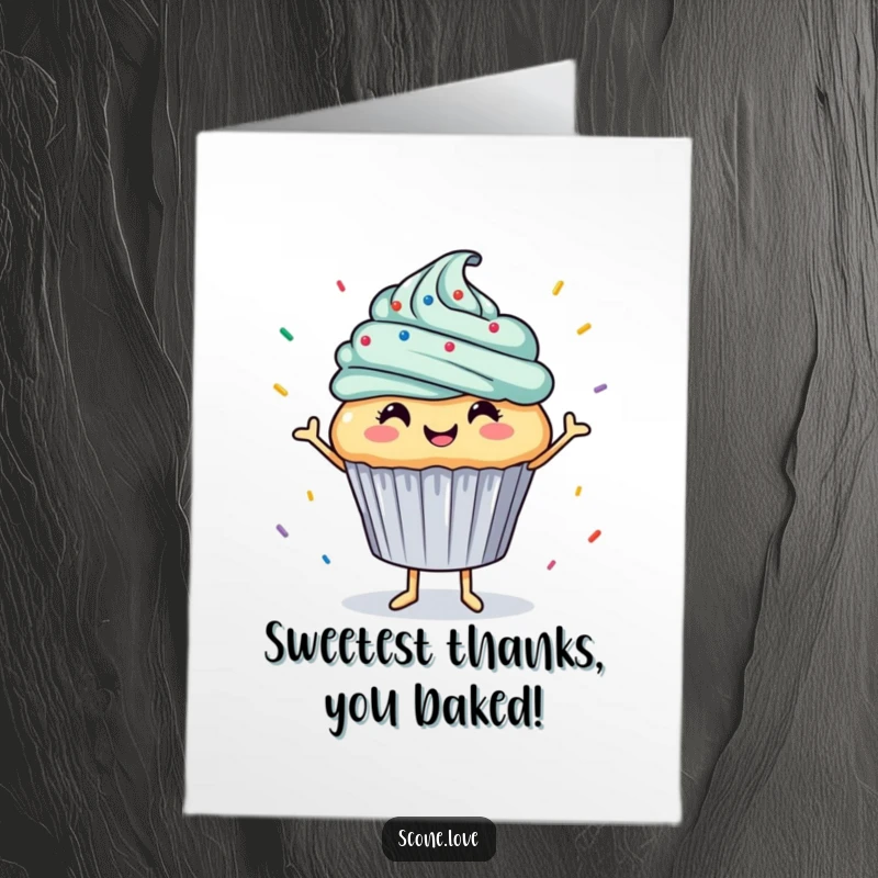 Funny Free Printable Thank You Card: A smiling cupcake dances with falling sprinkles, sending happy thanks. A delightful downloadable card.