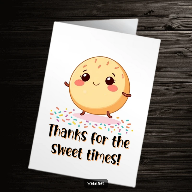 Funny Free Printable Thank You Card: a baked good with tiny legs happily dancing across a sprinkle-covered background.