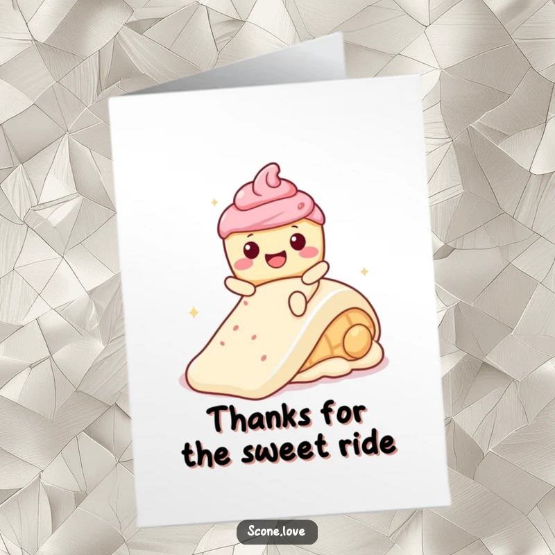 Funny Free Printable Thank You Card: Kawaii scone with a wide smile sliding down a frosting slide, saying thanks.