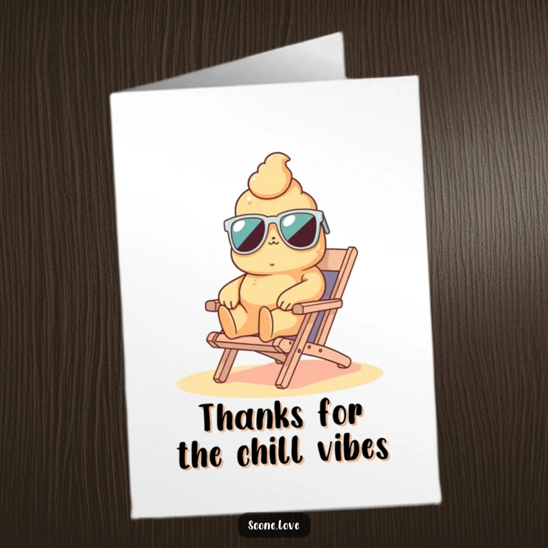 Funny Free Printable Thank You Card featuring a scone in sunglasses relaxing on a beach chair, expressing gratitude with a cool vibe.