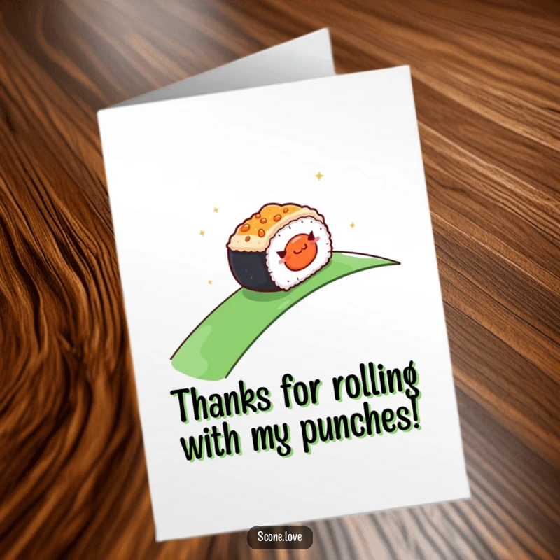 Funny free printable thank you card showing a happy sushi roll character rolling down a slope, conveying thanks playfully.