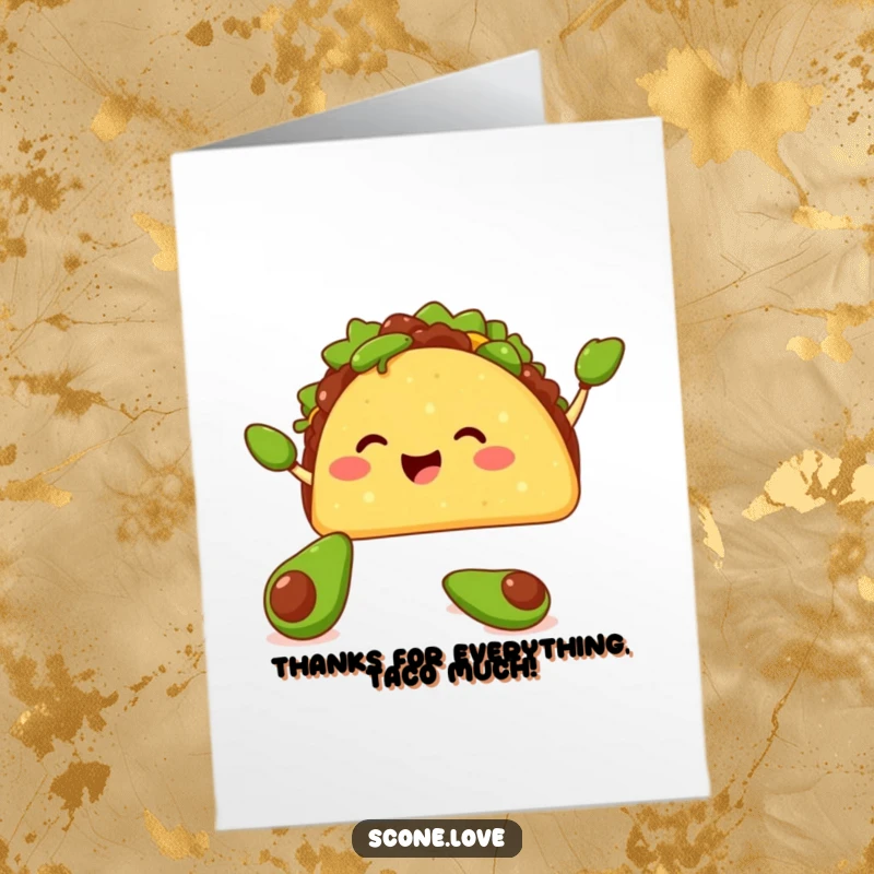 Funny Free Printable Thank You Card: A happy taco juggles avocados, celebrating your thanks.