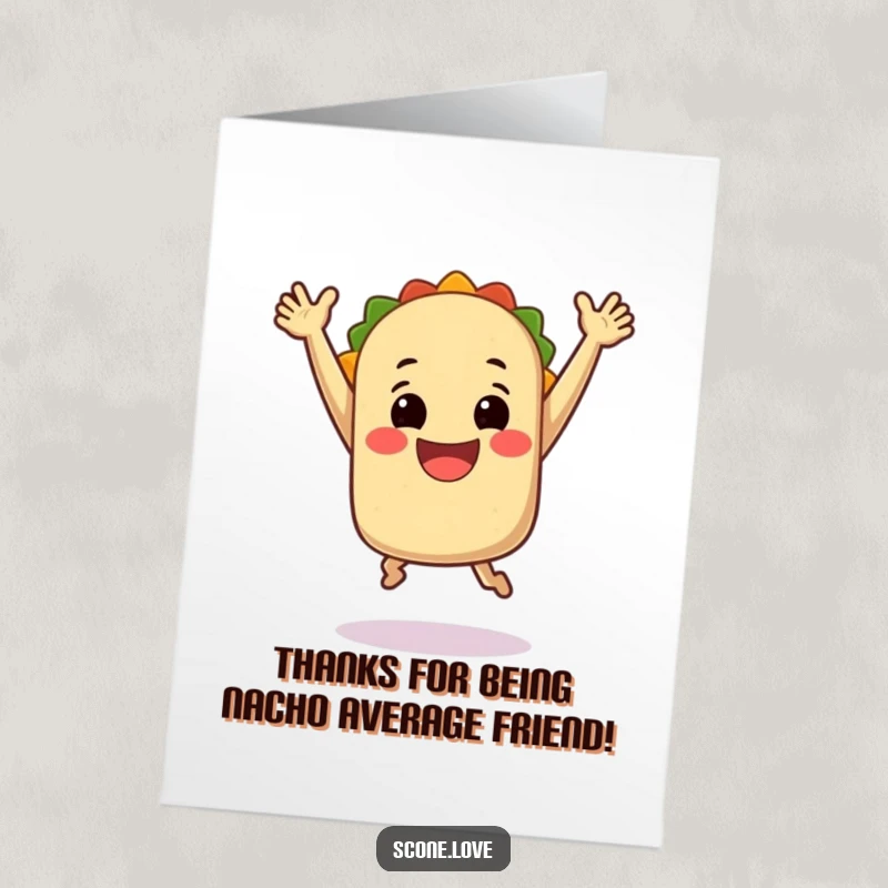 Funny free printable thank you card depicting a smiling taco character performing a joyful jump with arms up in appreciation.