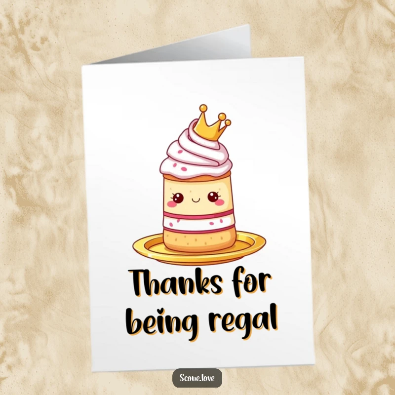 Funny Free Printable Thank You Card: A scone wearing a crown presented on a golden platter