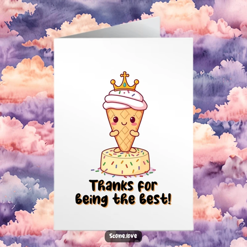 Funny Free Printable Royal Scone Thank You Card: A crowned scone poses regally on a bed of sprinkles.