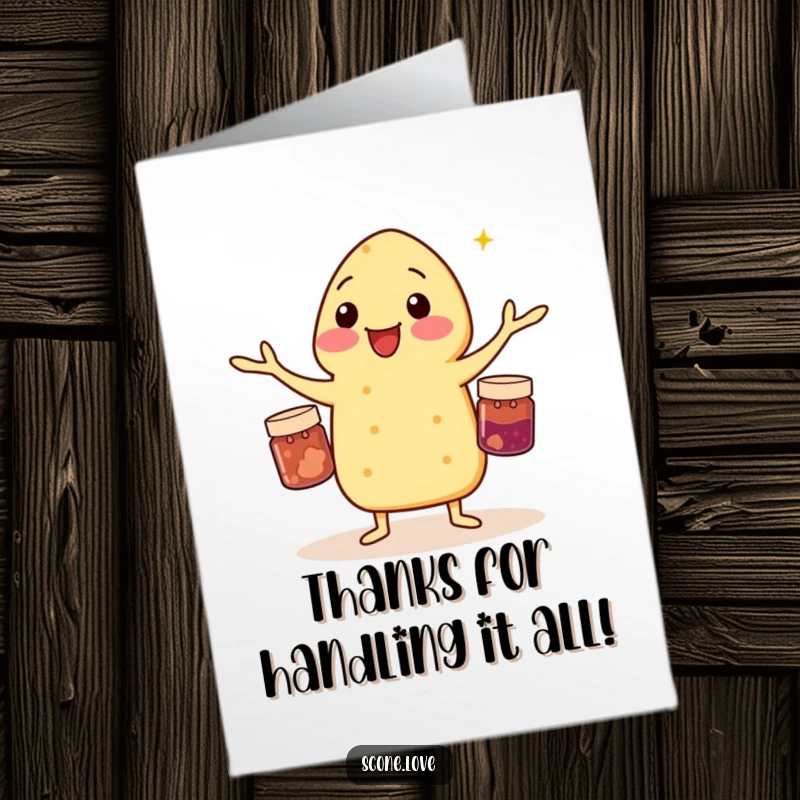 Funny Free Printable Thank You Card: Scone juggling three small jam jars, perfectly balancing thanks, a whimsical downloadable art piece.