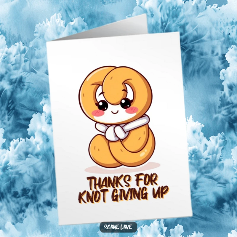 Funny Free Printable Thank You Card: A smiling pretzel works hard tying its own knot, symbolizing effort and appreciation.