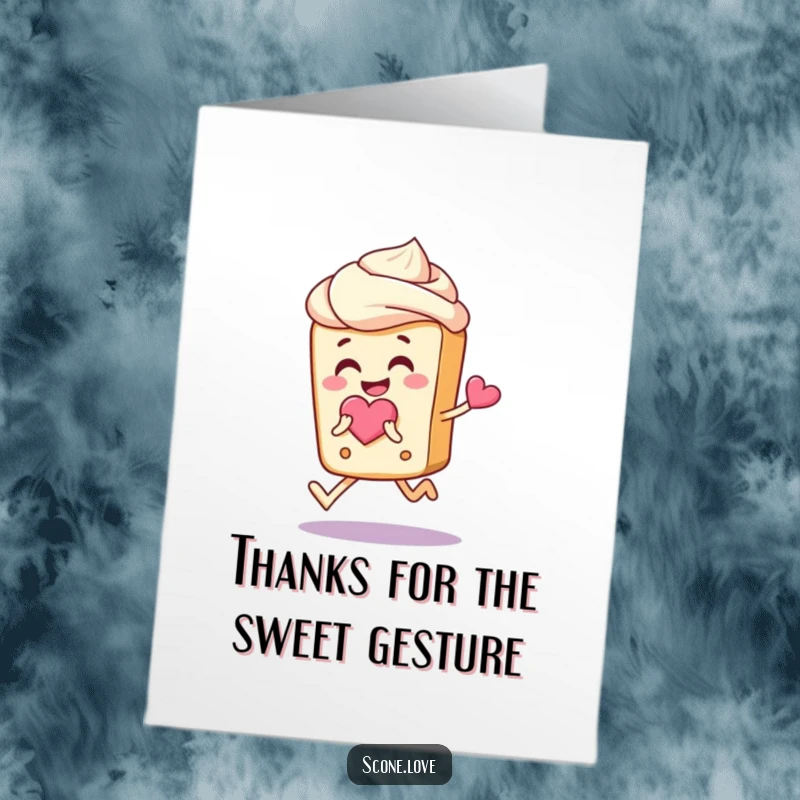 Funny free printable thank you card: a happy scone with frosting hair skips with joy, offering a heart.