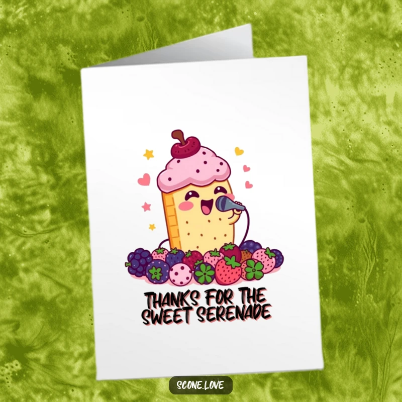 Funny Free Printable Thank You Card: A scone with a microphone sings enthusiastically to a small crowd of berries, thanking them sweetly.