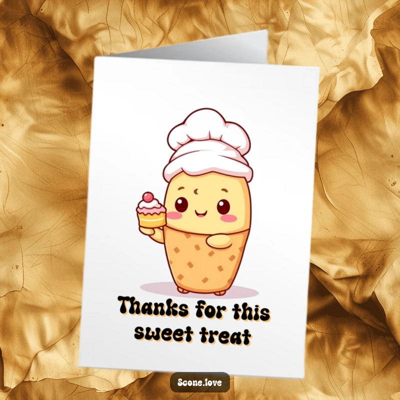 Funny free printable thank you card of a kawaii scone chef hat adorning a scone presenting a mini cake. A unique downloadable thank you.