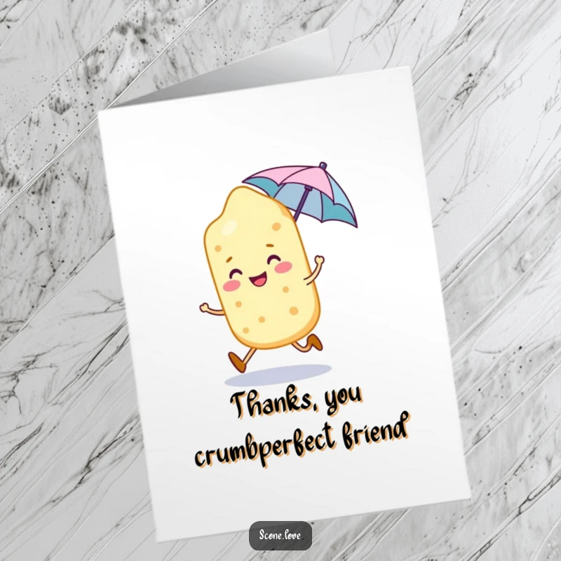 Funny Free Printable Thank You Card: A smiling scone character skips gleefully, umbrella in hand, conveying heartfelt thanks.