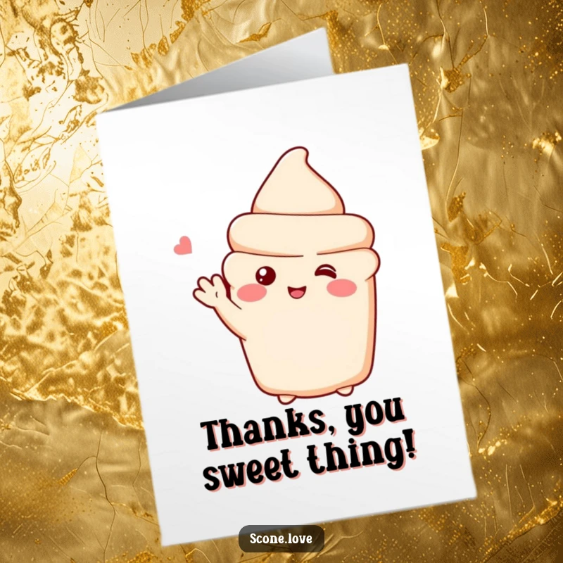 Funny Free Printable Shy Scone thank you card, a blushing scone waving shyly, humble gratitude.