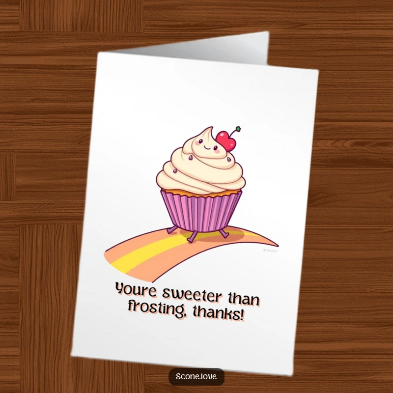 Funny Free Printable Thank You Card: A cupcake with tiny legs slides down a rainbow, spreading cheer.